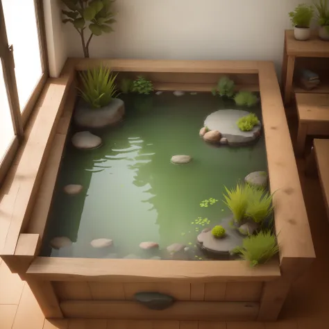 there is a small pond with rocks and plants in it, with a miniature indoor lake, small pond, pond, high quality 3 d render, high quality 3d render, natural realistic render, realistic fantasy render, cute 3 d render, stylized 3d render, beautiful 3d render...