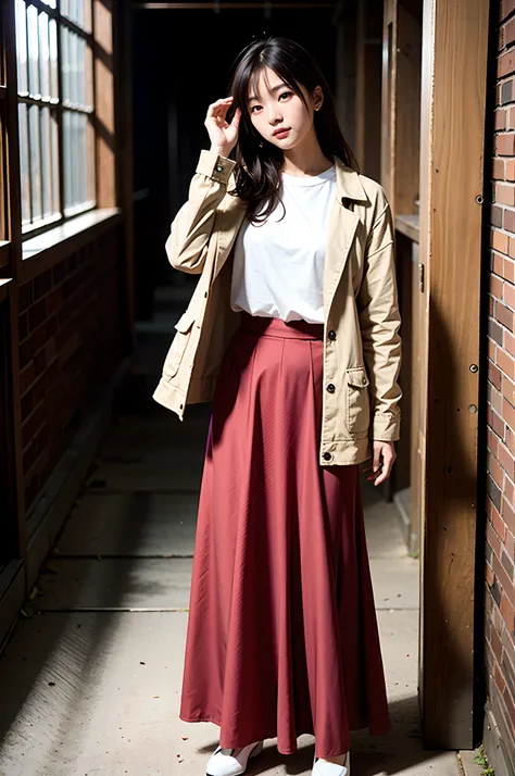 ​masterpiece, top-quality、Raw foto, Photorealsitic、1womanl、25-years old、Yokohama Red Brick Warehouse、Leaning against the wall、oversize jacket、sideshot、long  skirt、Autumn clothes in warm colors、Reflecting the whole body、A smile、People around you々The costume...