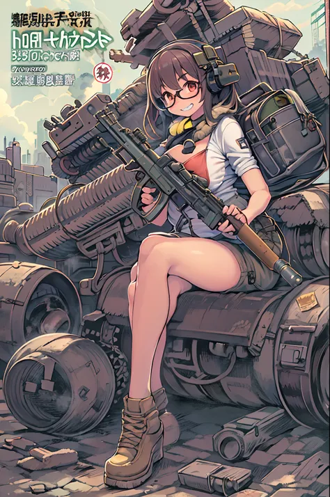 masutepiece, Best Quality, 1girl in, Sharp eyes, Evil smile,rocket launcher、Huge firearms、big round glasses,Camisole、Jagged teeth,Moe、heavy machine gun、machine gun、Spree、big explosion