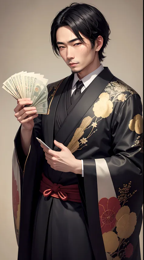 Japanese man, edo period,black hair, kimono dress, A detailed painting of a person in a suit, surrounded by a flurry of dollar bills, with the book Financial Freedom Formula in the center.