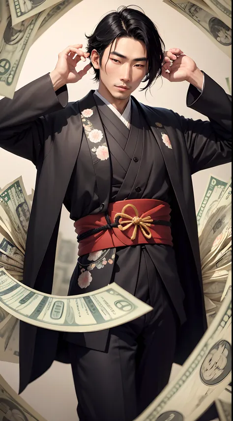 Japanese man, edo period,black hair, kimono dress, A detailed painting of a person in a suit, surrounded by a flurry of dollar bills, with the book Financial Freedom Formula in the center.