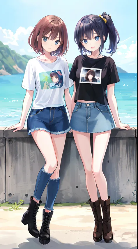 Two young and beautiful girls，ultra - detailed，offcial art，Unity 8k壁纸，（FashionMagCover：1.3），
break
Denim Mini Skirt，Graphic T-shirt，Combat boots，model photoshoot，standing on your feet。Medium shot