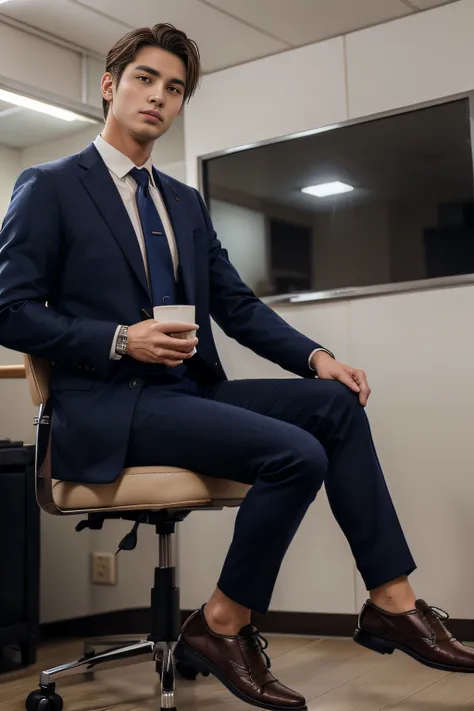 navy color suit、　20-year-old refreshingly handsome new employee、　（Super cool S-class guy in a suit）、　Japan boys at 20 years old、　eyes on coffee, coffee in hand, businessman、　Ultra-luxury suit、　Stand in a suitＳYoung handsome man、　Full body photo、　（Highly de...