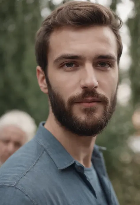 un francais de 25 ans avec une barbe qui regarde la camera