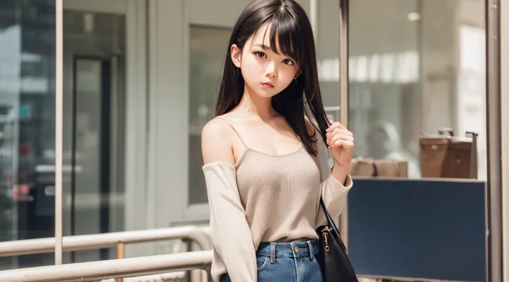 (1girl), dark hair, random hair style, wearing a woolen camisole and denim skirt, standing at a bus stop