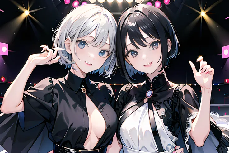 masterpiece, best quality, detailed beautiful face and eyes, 2girl, 10 years old, black bob cut Cute Idol, black ponytail Cool Idol, Event Stage, Cool idol costumes, sings, a smile,