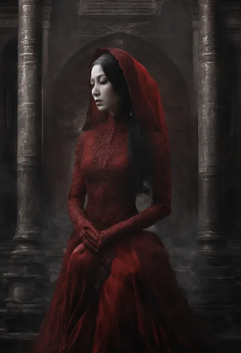 (best quality,highres,masterpiece:1.2),(realistic:1.4),Oriental ancient mansion,ruined,detailed face details,1 Oriental girl,red clothing,bridal attire,red head veil,(ghostly smoke:1.2),upper body,beautiful girl,full body,architecture