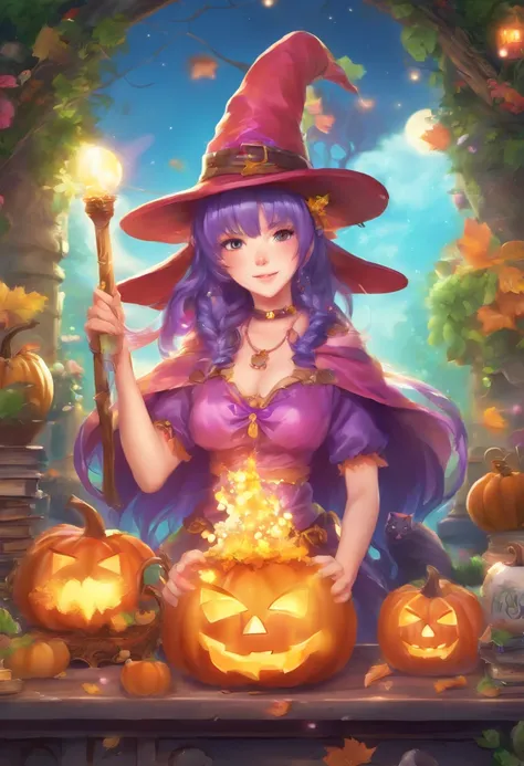 (best quality,4k,8k,highres,masterpiece:1.2),ultra-detailed,(realistic,photorealistic,photo-realistic:1.37)，Halloween event,cosplay,sorcerer,witch,illustration,spooky atmosphere,vibrant colors,enchanted forest,full moon,fairy lights,witchs broomstick,potio...