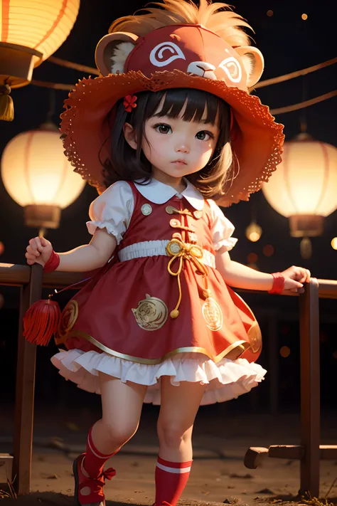 New Years lanterns，Red Tang costume，Lions head hat，Cute little girl