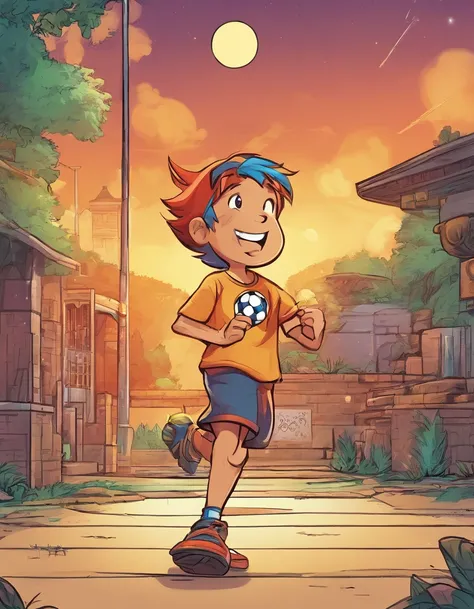 A boy playing football，soccer court，youthfulness，vibrancy. Storyboard:1.8, cartoon strip,comic:: en una casa futurista, Estilo Comic de Marvel, hiperHD, 24K UHD,