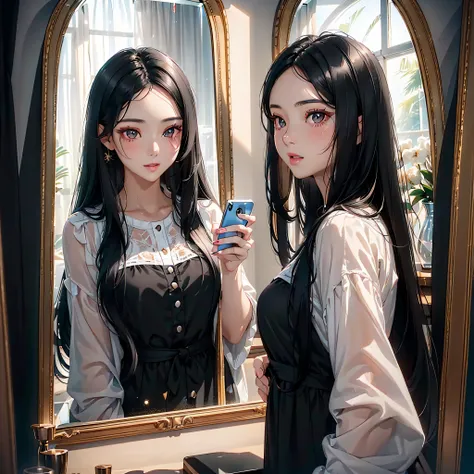 ((Face to face２Semi-long black hair beautiful girl taking a selfie with her smartphone in between the mirrors)):1.9、Perfect Ray Tracing、Highly detailed background，Realistic，ultra-detailliert，super detailed skin，light glow，Film grain，Expro II，Lens Flare，Sha...