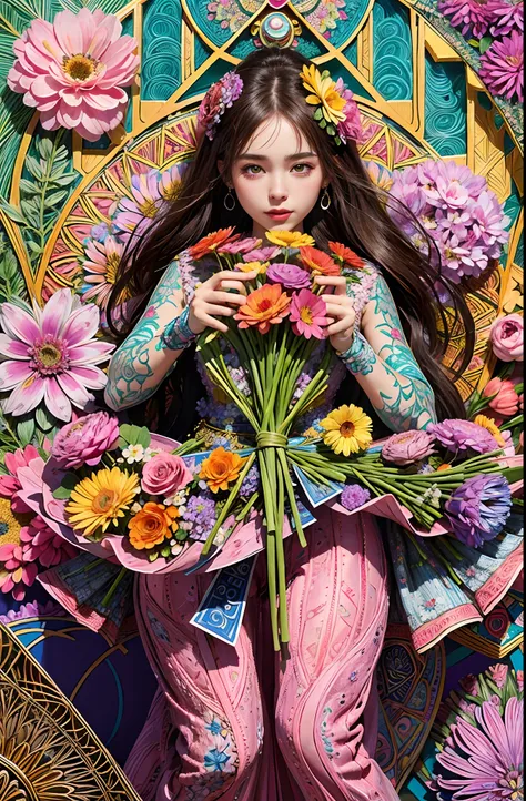 (ultra-detailed background, detailed background), absurdres, highres, ultra detailed, extremly detailed, 1girl, (bunch of flowers:1.3), (zentangle:1.2), (geometric:1.2),(colorful),