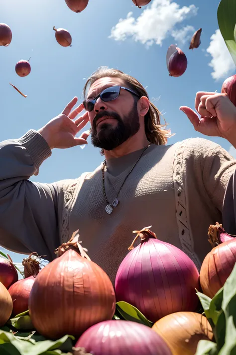 A macho man watching onions falling from the sky