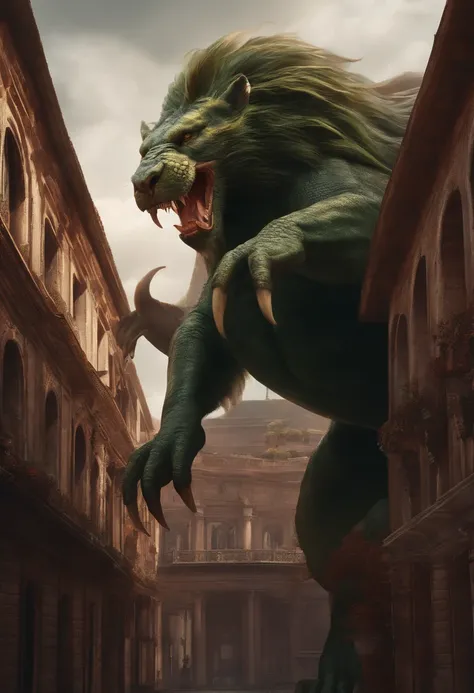 manticore,3 storeys high,50 meters long,Off-white,The hair is particularly long,The body is like a crocodile,The head is like a dogs head,terroral,blood vess,In the city,People are eaten in the mouth。