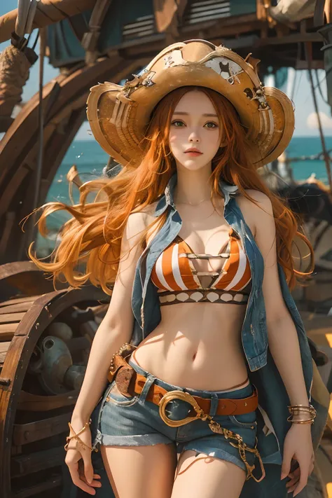 One Piece anime character，Nami，Eastern European mixed race sweet face，Preserve character details，，Long flowing orange hair，Wearing a green striped bikini，skintight jeans，Sea backgroun，，pirate ships，ultra-realistic realism, shadowing, anaglyph, stereograms,...