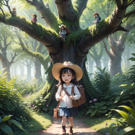 Disney  style，Panorama Figures，A four-year-old Chinese girl，In the forest，Wear a cowboy hat，Carrying a cowhide adventure bag as tall as her，Found a huge treasure map，A maze is drawn on the map，The little girl had a look of surprise and happiness on her fac...