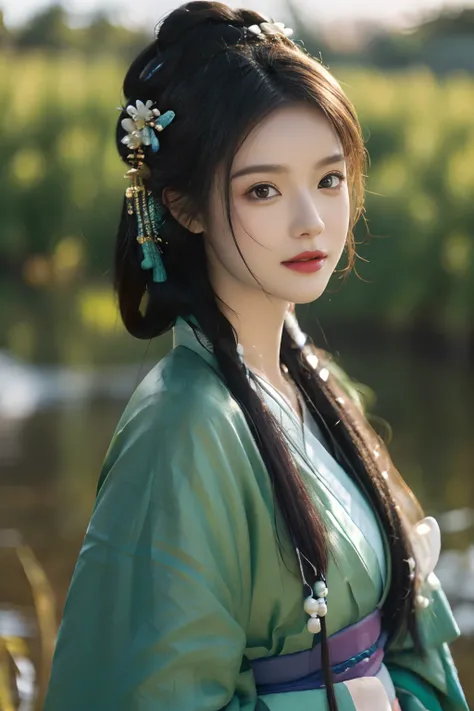 Best quality at best,tmasterpiece,超A high resolution,(photo-realistic:1.4),8K, RAW photogr, A high resolution, (((1girll, half-body portrait))), 独奏, Ancient Chinese green Hanfu, Beautiful pattern, embroidered clothing, beautiful eyes in detail, long eyelas...