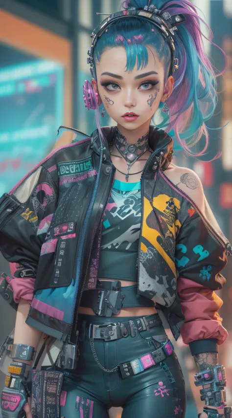 masterpiece, best quality, 1 cyberpunk girl, looking at viewer, Confident cyberpunk girl with sassy expression, Harajuku-inspired pop outfit, bold colors and patterns, eye-catching accessories, trendy and innovative hairstyle, vibrant makeup, bright and vi...