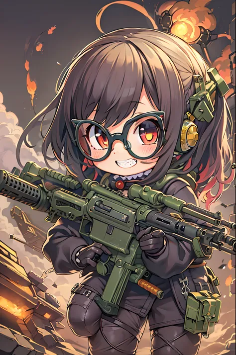 masutepiece, Best Quality, 1girl in, Sharp eyes, Evil smile,rocket launcher、Huge firearms、big round glasses,Camisole、Jagged teeth,Moe、heavy machine gun、machine gun、Spree、big explosion、Chibi