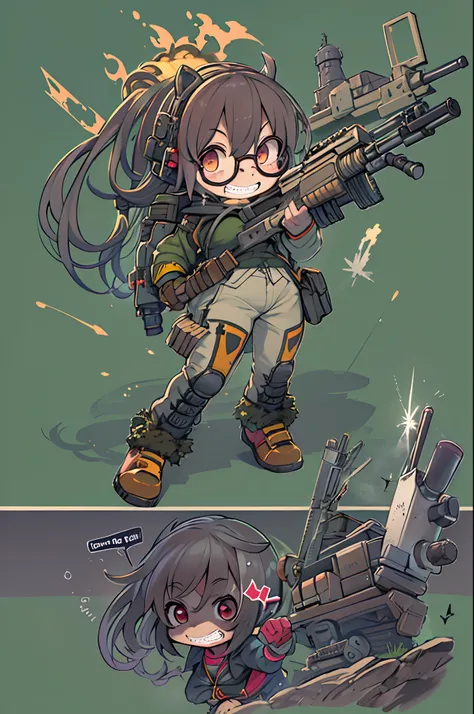 masutepiece, Best Quality, 1girl in, Sharp eyes, Evil smile,rocket launcher、Huge firearms、big round glasses,Camisole、Jagged teeth,Moe、heavy machine gun、machine gun、Spree、big explosion、Chibi