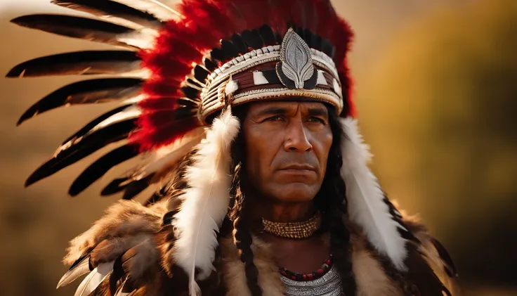 Hyperrealistic cinematic image of a King with feathers on his head,  Indian warrior, eagle feather,  warrior spirit, american indian headdress, indigenous art, Nikon D850 Filme Fotografia de Stock 4 Kodak Portra 400 Lente F1.6 Rich Colors Realistic Texture...