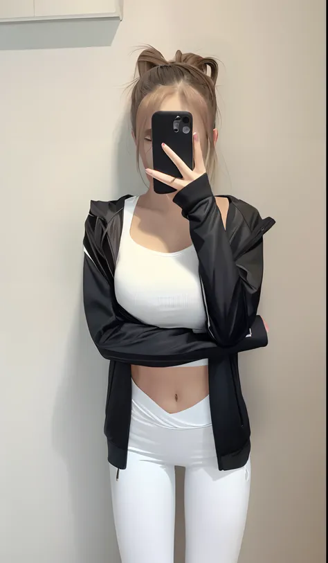 there is a woman that is taking a selfie in a mirror, generous cleavage open jacket, Open jacket, Open V chest clothes, smooth white tight clothes suit, cropped shirt with jacket, Short jacket, Long shirt, Slender waist, jiyun chae, photo of slim girl, 2 4...