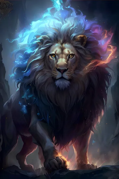 Close-up of a lion，Mane blue，There is a star on the head, fire lion, Lion warriors, amazing wallpapers, lord of beasts, phone wallpaper hd, roaring blue lion. Majestic, gorgeous goddess of leo, aslan the lion, hd phone wallpaper, 2 d full body lion, Majest...