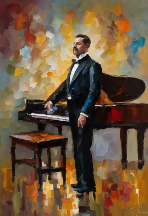 A man in a tailcoat stands next to a piano and holds a glass of champagne