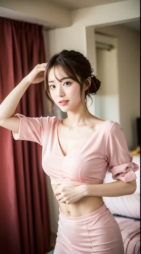 ((Best picture quality, 8K, tmasterpiece:1.3)), 1girll, Beautiful woman with slender abs:1.3, (Casual hairstyle,), pinkdress:1.1, Ultra-fine face, A detailed eye, 二重まぶた，Hanfu