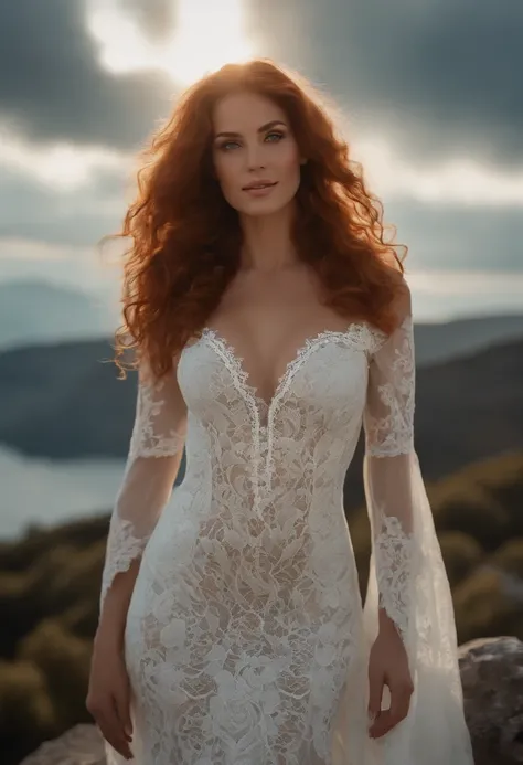 Masterpiece, (((full figure supermodel nipslip))) entire body in frame, (((magical lighting action shot))) (((beautiful fit pale smiling goddess Irish woman standing on marble surrounded by clouds in heaven vast fantasy landscape))), (((white lace mesh exo...