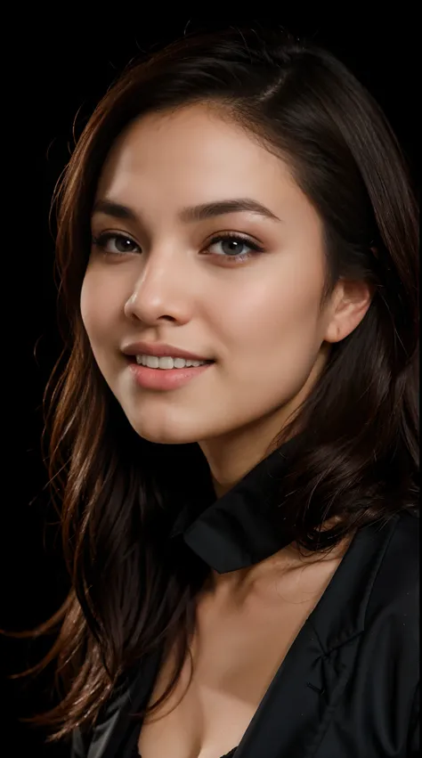 RAW Photo, DSLR BREAK (kkw-ph1:0.9) BREAK portrait of 1 young 20yo woman, brown hair, wearing black and grey suit, perfect eyes, perfect lips, perfect nose, professional color graded, wonderful woman, dark background, cute woman. filipina, pinay, filipino ...