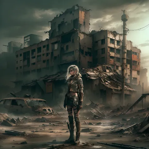 (((post apocalyptic city, Desolate atmosphere, Dystopian landscape))) Postmodern wasteland punk style singer，Jet flame