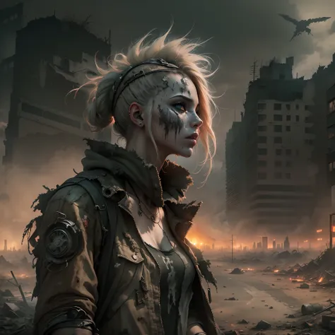 (((post apocalyptic city, Desolate atmosphere, Dystopian landscape))) Postmodern wasteland punk style singer，Jet flame