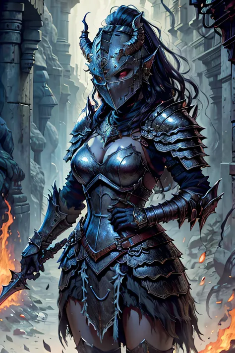 a cartoon picture of a woman in armor, hand up to her lips licking finger covered in blood, a very beautiful berserker woman, as a dnd character, dnd character, but the armor covers her face, female dragonborn, weared in leather armor, as a d & d character...