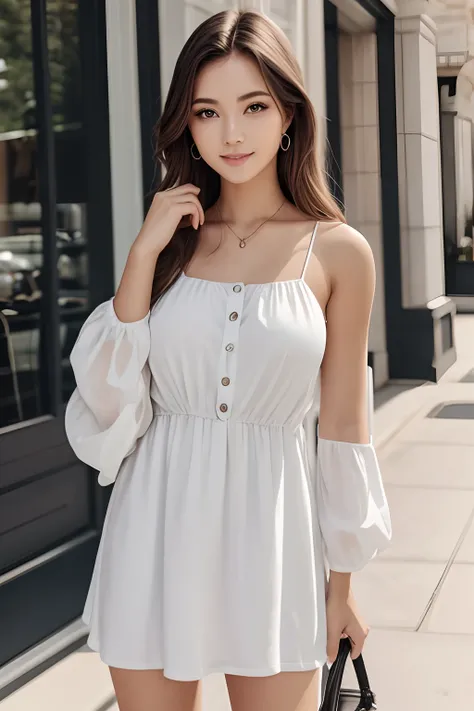 1 woman,  white dress,  half  body shot,