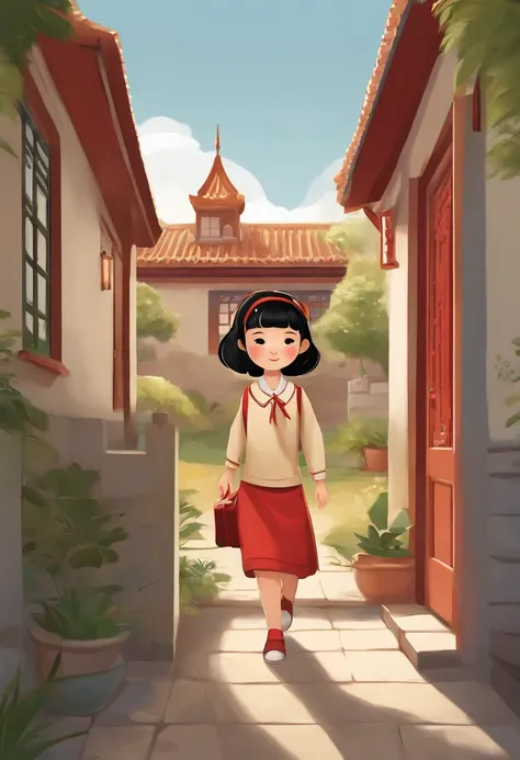 ultra detailed image of small oriental girl, Chinese eyes, short straight black hair on her shoulders, cheerful, dressed in a beige blouse, black school uniform skirt, red backpack on her back, leaving the house, at the door of the house, ultra detailed im...