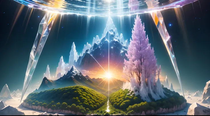 huge crystal transparent montain, sun, crystal forest, transparent crystal flowers, kundalini, ancient source energy, universe, galaxy, crystal planet, soul, chakras, summer, tropical forest