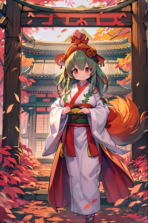 Fox Woman、body covered with fur、huge-breasted、kawaii、shrine maiden、Japan white clothes,Red Hakama、torii gate,((High Position))、A big smile、bbw、thick thight、big butts、Ultramammy,Chibi,Nanachi、Beautiful shrine scenery, autumn day,kaede、 Pines, Anime Backgrou...