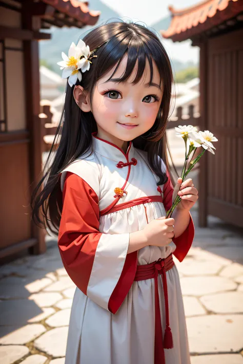 A lovely Chinese little girl with a white flower in her hand, smiling at the camera, 3 years old, red Cliff style, happy, expressive, portrait illustration, medium lens, traditional Tang Dynasty white dress, bright color scheme, blurred background, depth o...