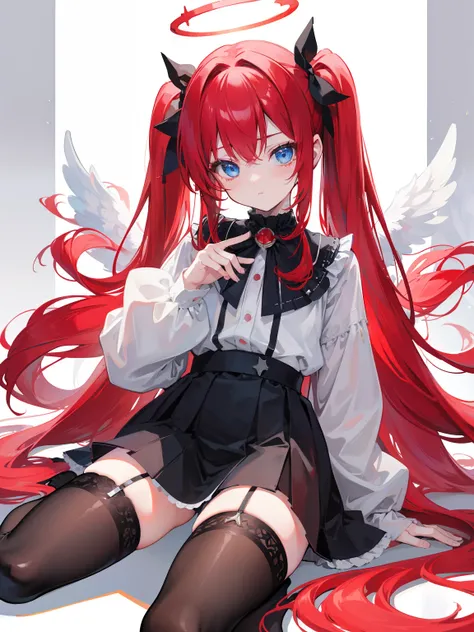 Red hair,Blue eyes,Twintails, Long hair, Solo, Loli, Black stockings,{{Best quality}}, {{Masterpiece}}, {{Ultra-detailed}}, {illustration}, {Detailed light}, {An extremely delicate and beautiful},Little girl,Cute,Angel, halo