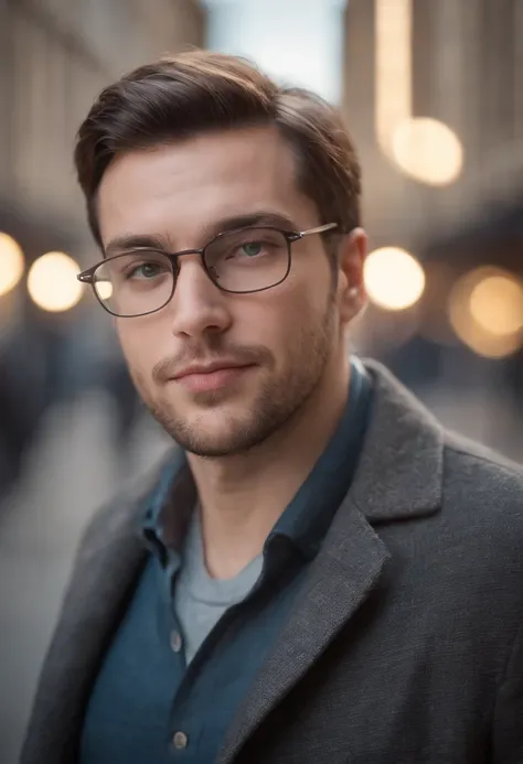 Portrait photo of a male architect photo of the full body, wearing glasses, Des yeux parfaits, Porter un manteau mecha minable, ((Light Bokeh)), complexe, (steel metal [se reposer]), elegant, mise au point nette, photo par Greg Rutkovsky, softlighting, cou...