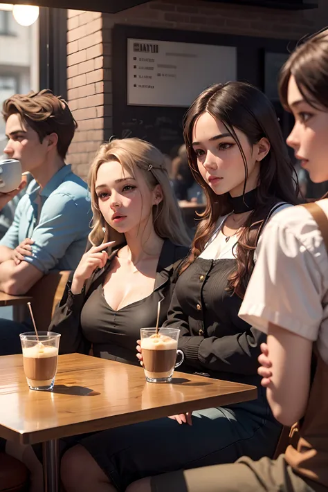 5Girls and 4boys having a coffee break in a coffeshop, 3dmm, extreme details, smooth face, super realistic