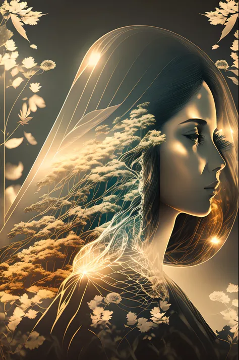 Create an attractive double exposure photo that organically combines the presence of a woman and the wonders of nature. Capture the harmony between the human form and the natural world by using light and shadow to emphasize their connection and create a vi...