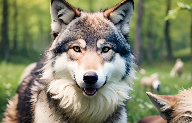 Funny cartoon, realistic, cinematic. The cheerful wolf smiles slyly. A wolf stands in the middle of a flock of sheep. The sheep look at the wolf. He gently strokes the head of a friendly sheep, Sunny meadow in a coniferous forest --auto --s2