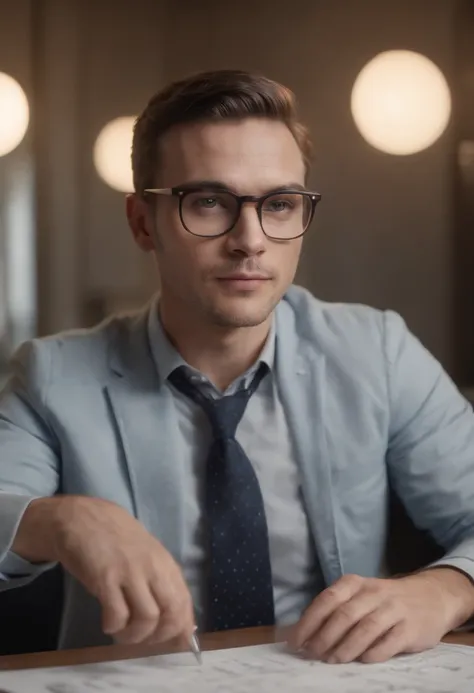 Portrait photo of a male architect photo of the full body, wearing glasses, working on a desk making drawingsDes yeux parfaits, Porter un manteau mecha minable, ((Light Bokeh)), complexe, (steel metal [se reposer]), elegant, mise au point nette, photo par ...