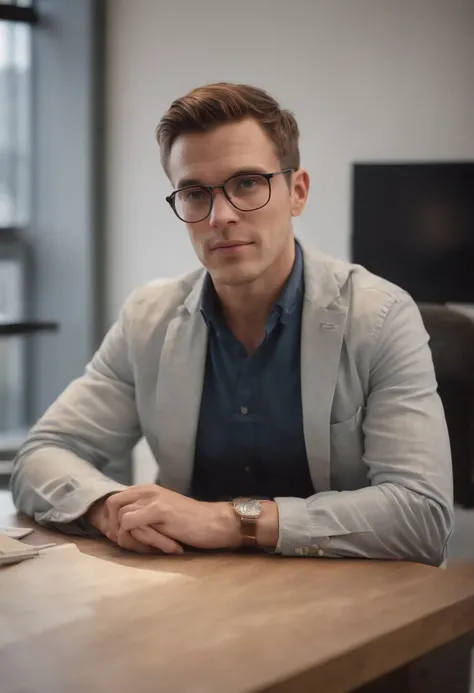 Portrait photo of a male architect photo of the full body, wearing glasses, working on a desk making drawingsDes yeux parfaits, Porter un manteau mecha minable, ((Light Bokeh)), complexe, (steel metal [se reposer]), elegant, mise au point nette, photo par ...