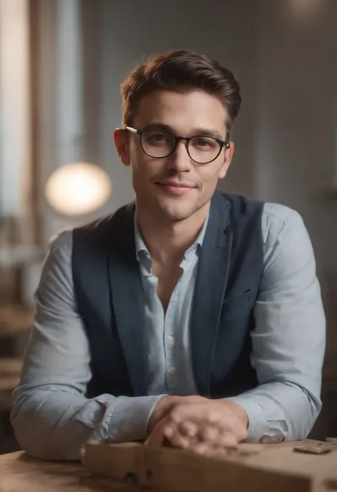 Portrait photo of a male architect photo of the full body, wearing glasses, working on a desk making drawingsDes yeux parfaits, Porter un manteau mecha minable, ((Light Bokeh)), complexe, (steel metal [se reposer]), elegant, mise au point nette, photo par ...