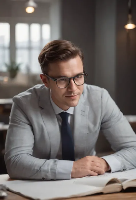 Portrait photo of a male architect photo of the full body, wearing glasses, working on a desk making drawingsDes yeux parfaits, Porter un manteau mecha minable, ((Light Bokeh)), complexe, (steel metal [se reposer]), elegant, mise au point nette, photo par ...