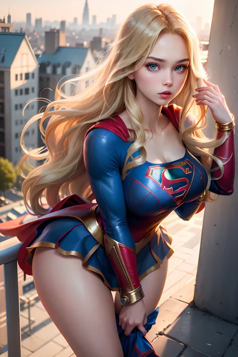 ((best quality, masterpiece, absurdress) , supergirl , 19 years old,long blonde hair, voluminous hair, loose hair, blue expressive eyes,huge breasts, supergirl wearing korean school uniform, terrace of a building, view of other buildings ,day