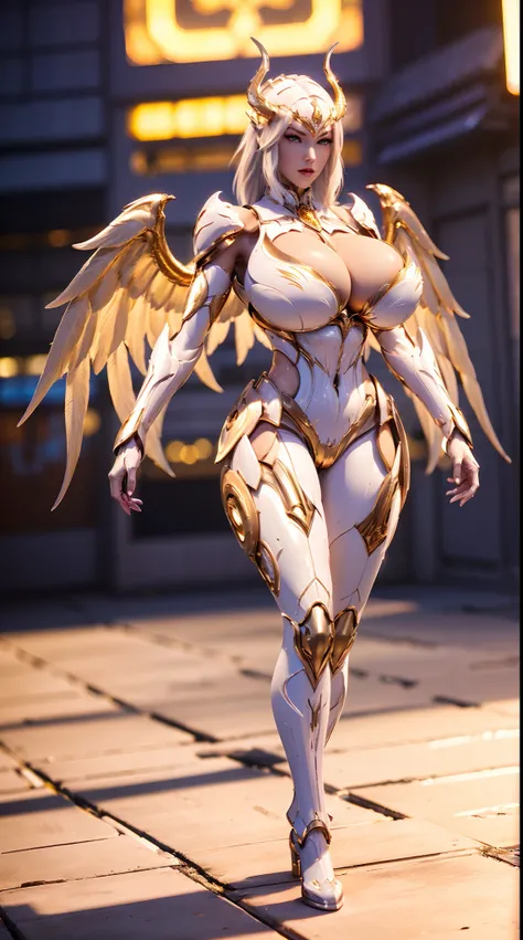 1GIRL, SOLO, (DRAGON HORN HELMET), (HUGE FAKE BOOBS:1.3), (WHITE, GOLD, PURPLE), (FUTURISTIC MECHA BODYSUIT, A PAIR HUGE FEATHERS WINGS SPREAD OUT, CLEAVAGE:1.4), (SKINTIGHT YOGA PANTS, HIGH HEELS:1.2), (PERFECT BODY, MUSCLE ABS, LONG LEGS, FULL BODY VIEW:...